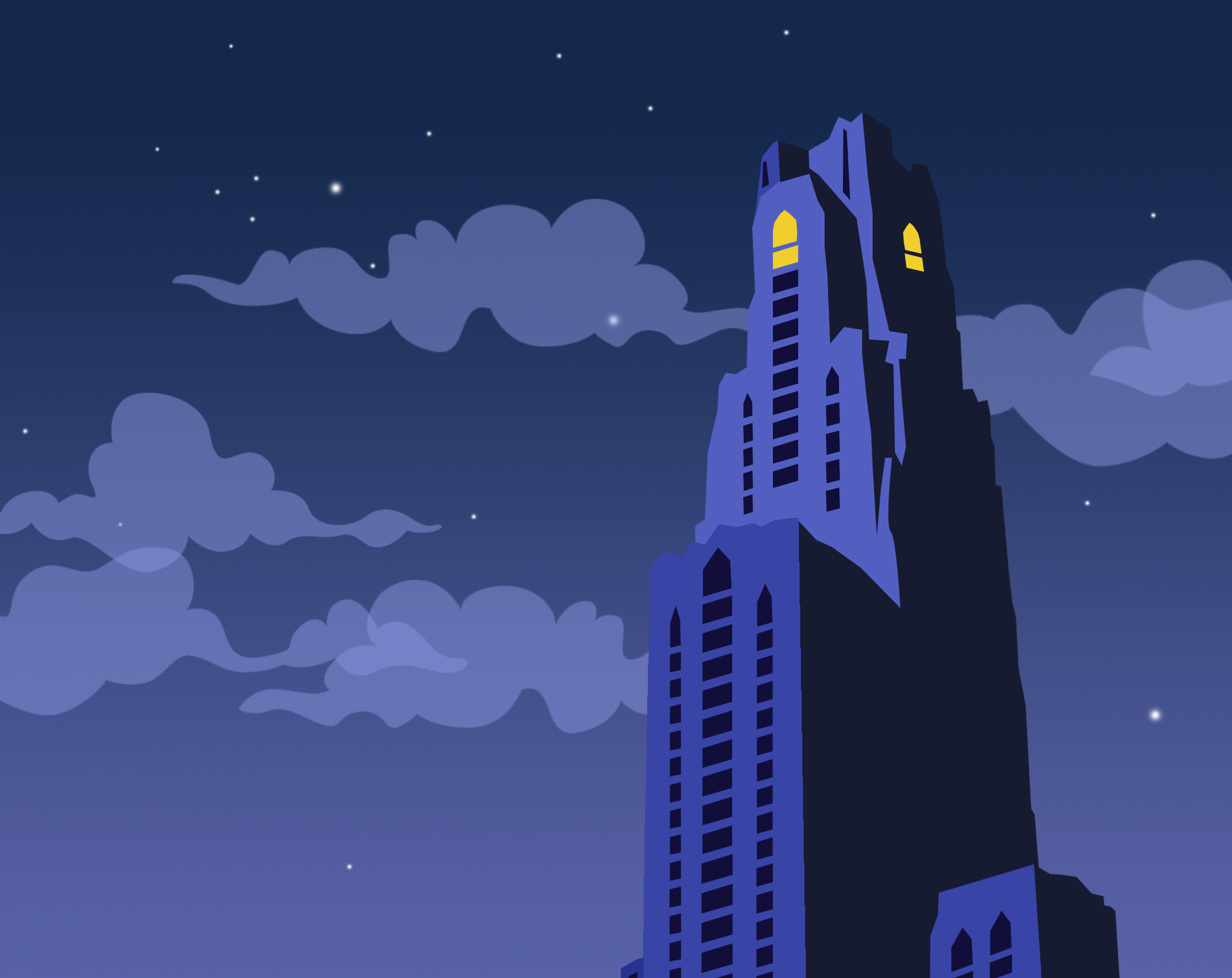 Illustration of the Cathedral of Learning against a night sky. Issue 1 Cover Design.